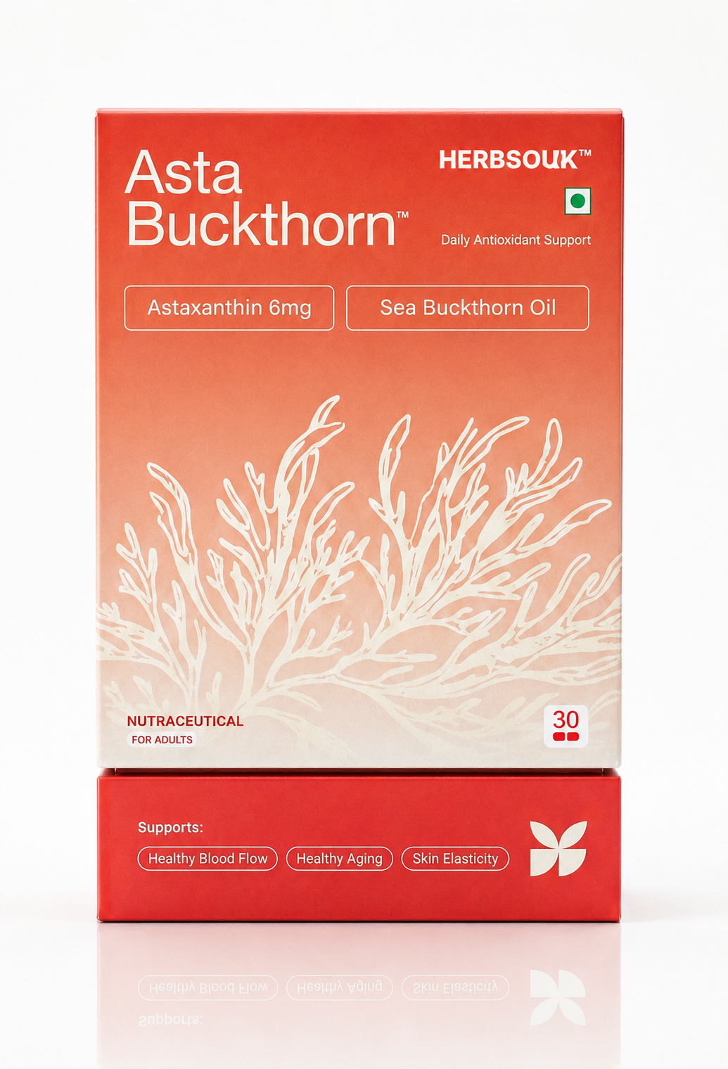 HerbSouk AstaBuckthorn supplement box with 6 mg astaxanthin and sea buckthorn oil.