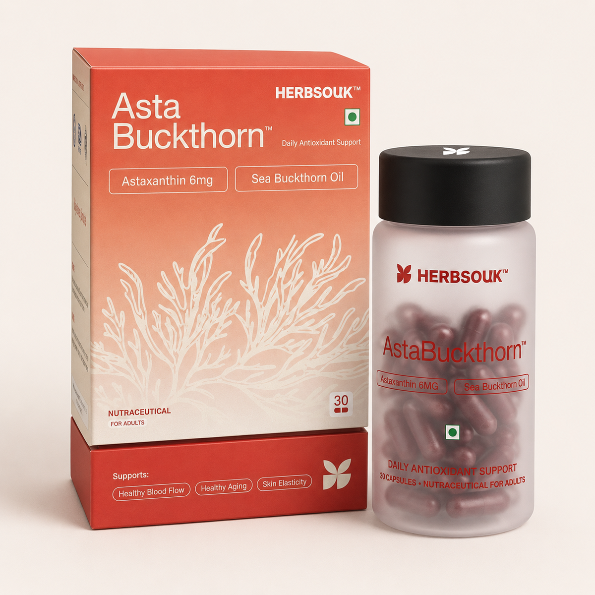 HerbSouk AstaBuckthorn box and 30-capsule bottle with 6 mg astaxanthin and sea buckthorn oil.