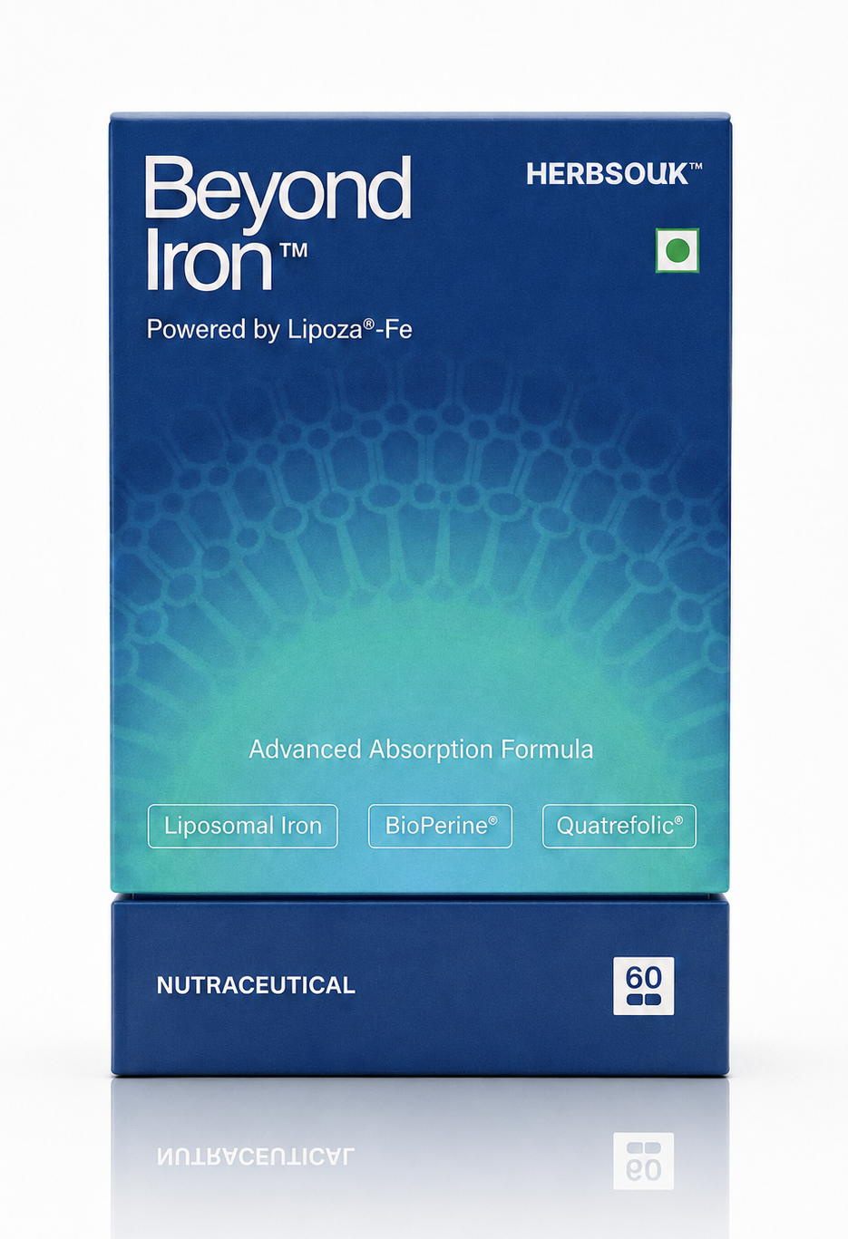 HerbSouk Beyond Iron supplement box with Lipoza-Fe liposomal iron, BioPerine and Quatrefolic.