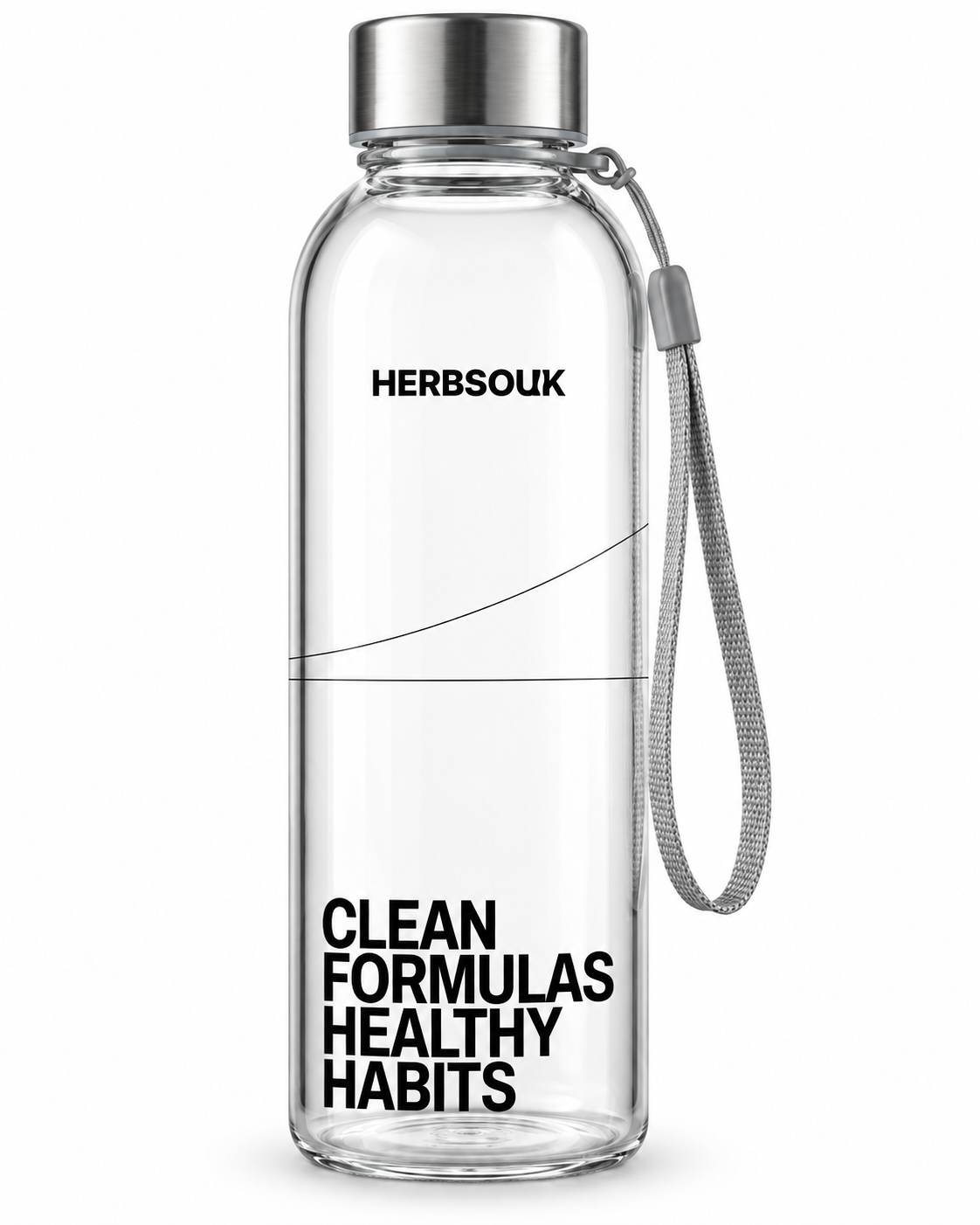 HerbSouk clear glass water bottle with metal cap and wrist strap.