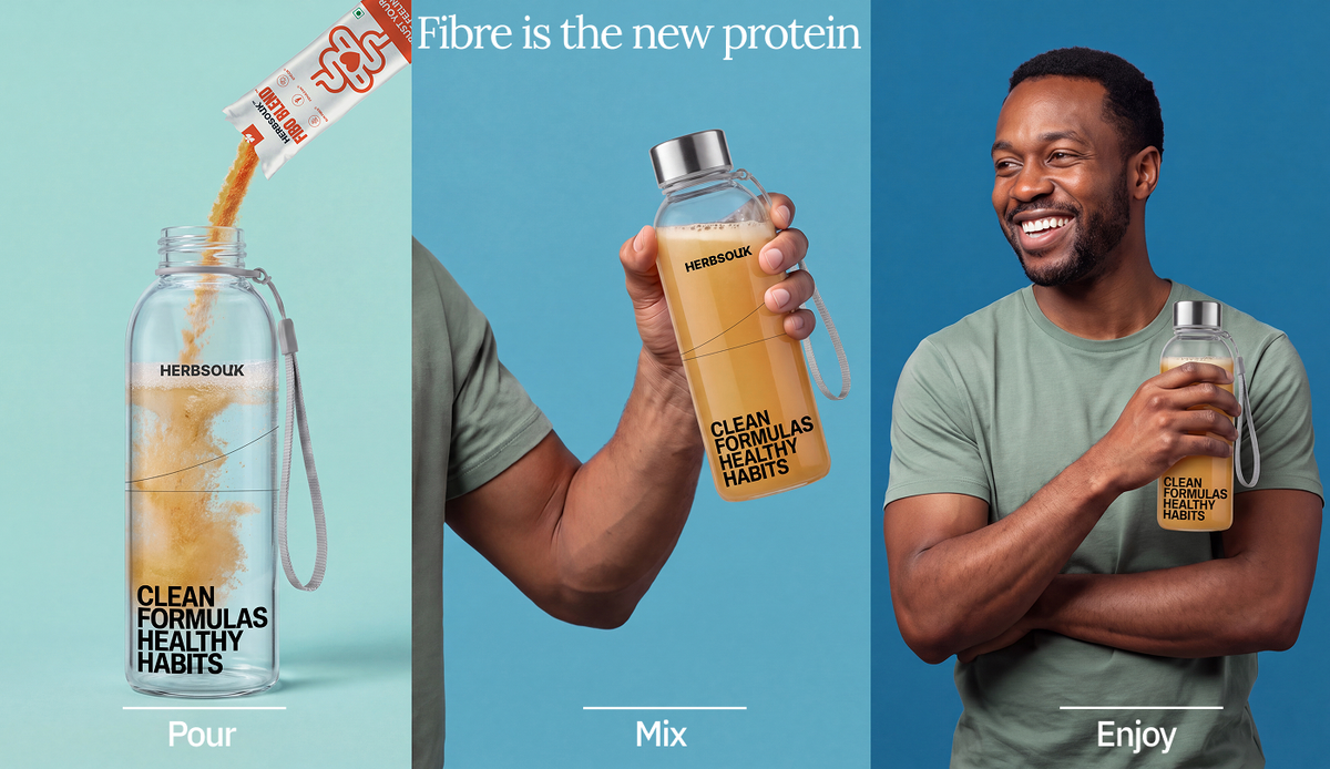 HerbSouk FiboBlend pour, mix and enjoy routine with the message “Fibre is the new protein.”